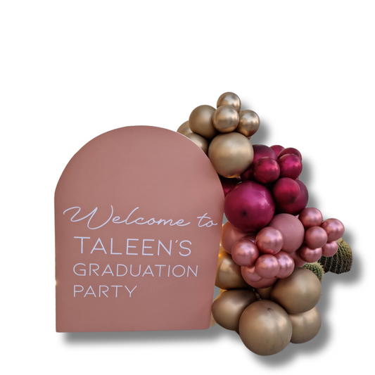 Custom Graduation Party Welcome Sign with Balloon Arrangement Rental